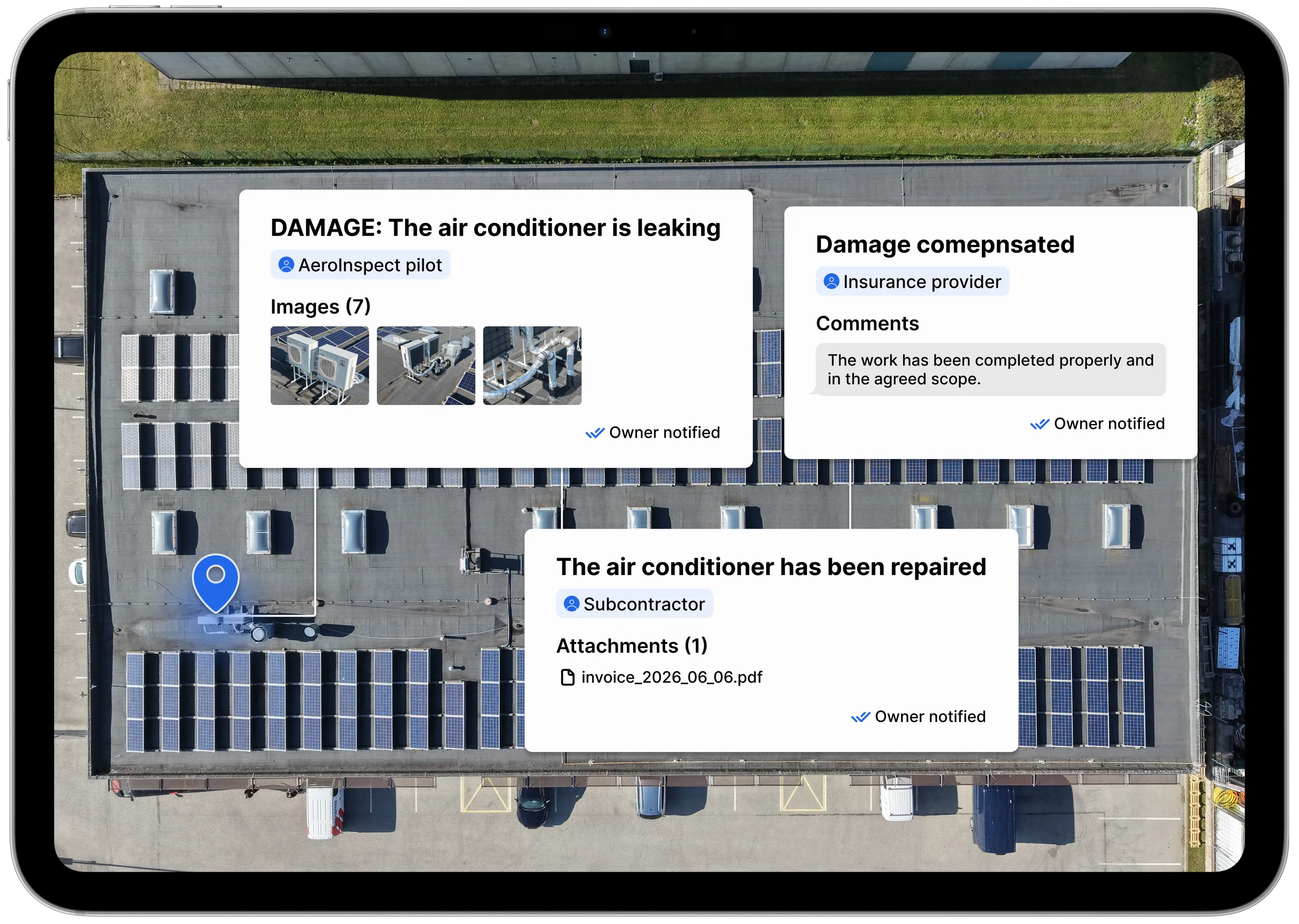 A Skyview report on an iPad: an aerial roof photo annotated with findings