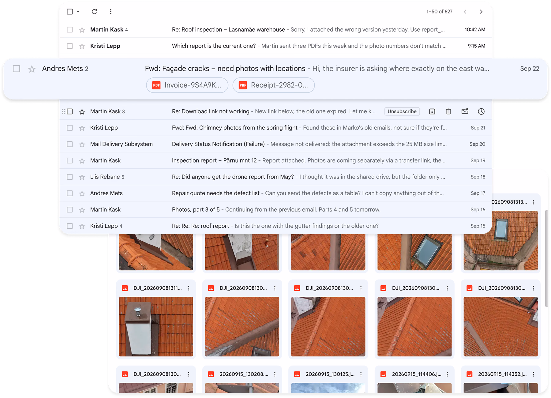 An inbox full of threads about missing, outdated and oversized inspection reports, over a shared folder of drone photos named only by file number